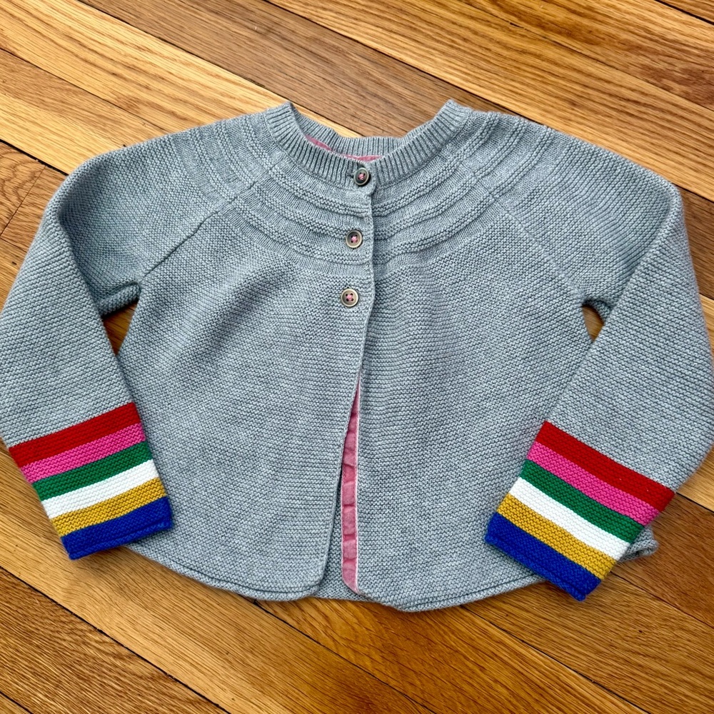 Mini Boden 3/4Y Girls’ Cotton/Cashmere Blend Cardi with Rainbow Stripe Cuffs